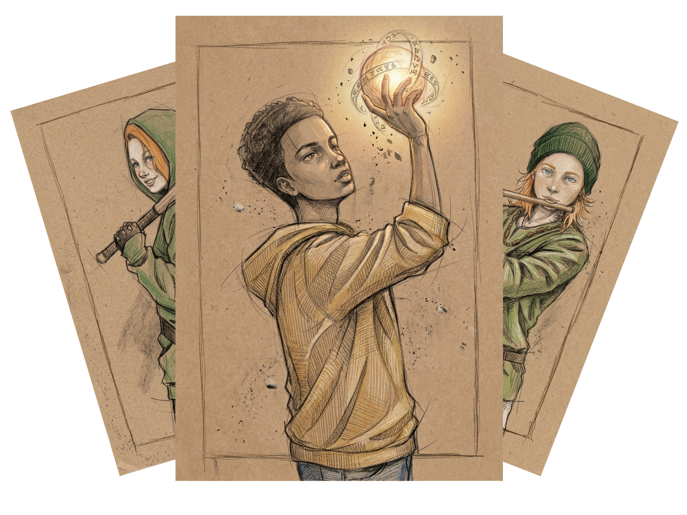 Character card sketches from Owen Jones and the Mythical Orb, showing Owen and his two friends in illustrated pencil art